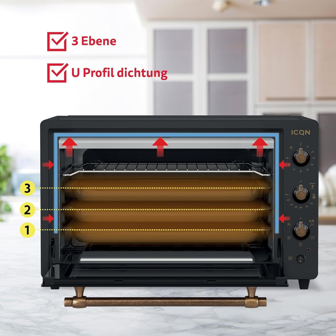 ICQN Rustik Minibackofen 60 Liter XXL mit Umluft, Drehspiess, Emailliert, Anthrazit Rustik Anthrazit