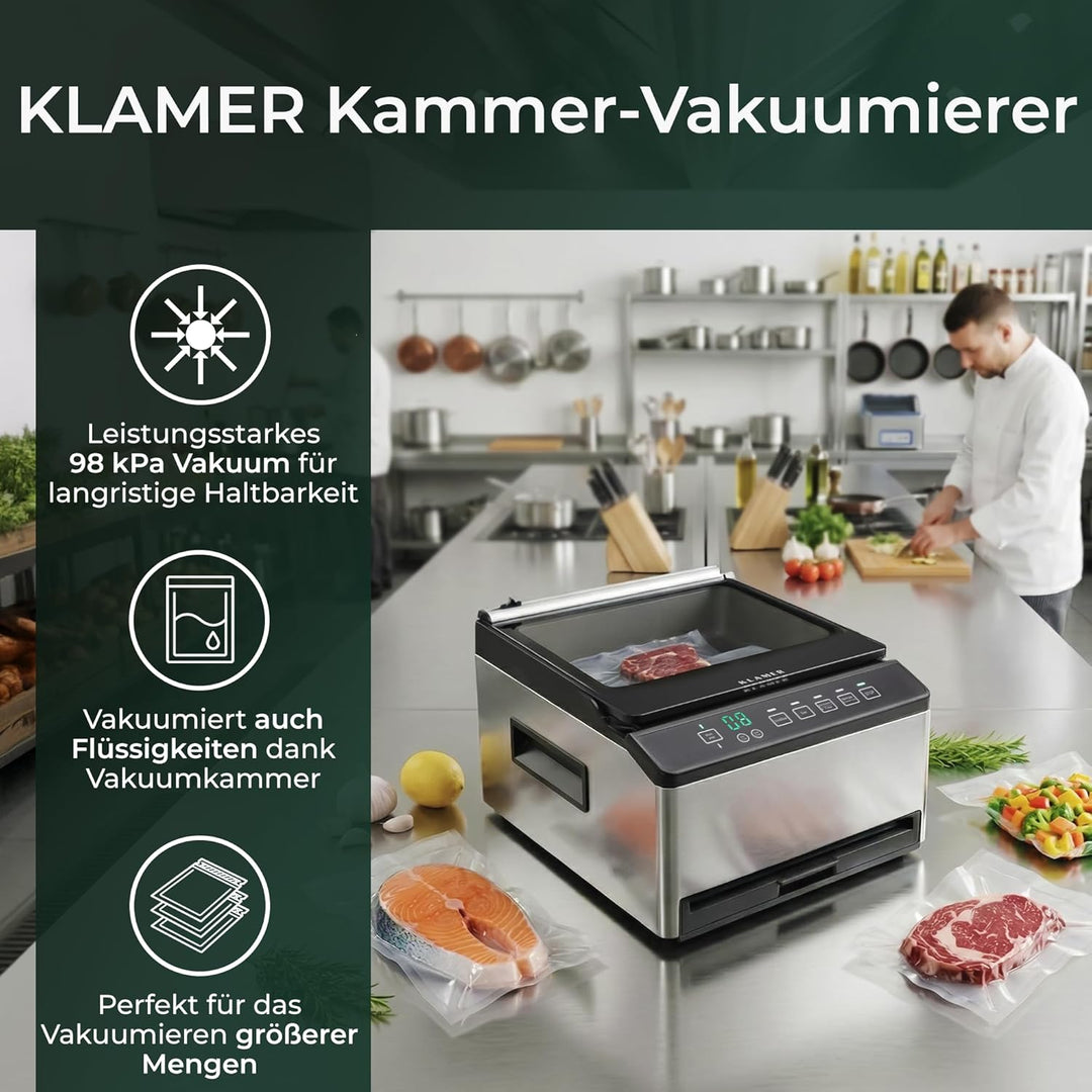 KLAMER Vakuumiergerät Kammer Edelstahl, 98 kPa Profi Kammervakuumierer, Marinier-Funktion, Feuchte L