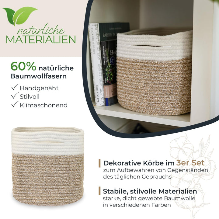 HMF Aufbewahrungskorb mit versteckten Griffen, 3er Set, Korb aus Baumwolle | 37,5 x 25 x 22,5 cm | W