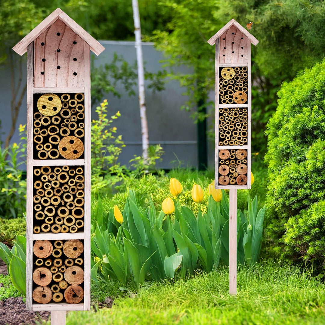 Holz Insektenhotel mit Erdspiess 78 cm - beige - Garten Deko Insektenhaus zum Aufstellen - Bienenhot