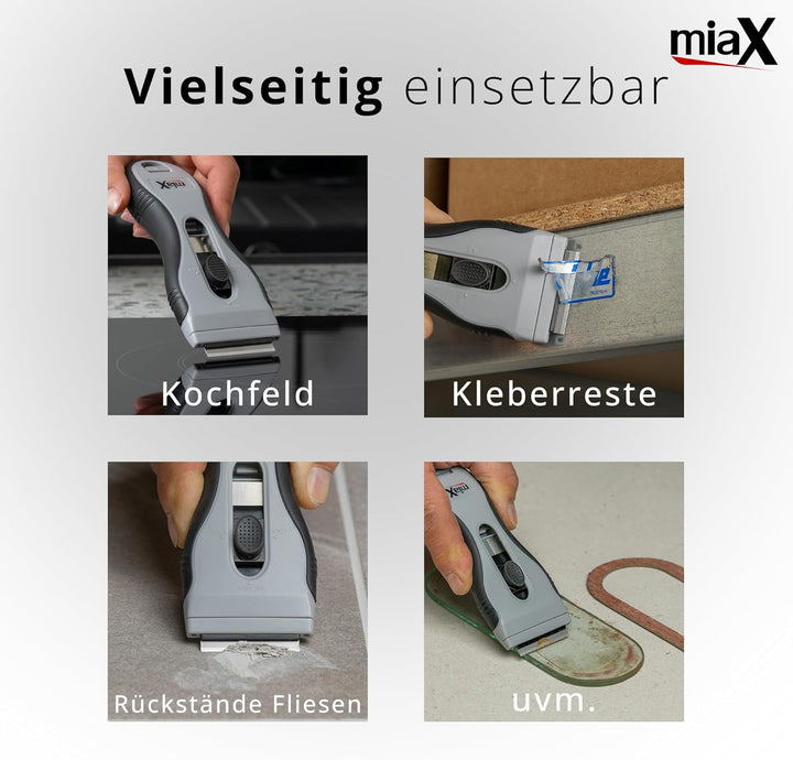 miaX Kochfeldschaber 2.0 mit automatischem Klingenwechsel & 21 Klingen | 18 Metallklingen, 3 Keramik