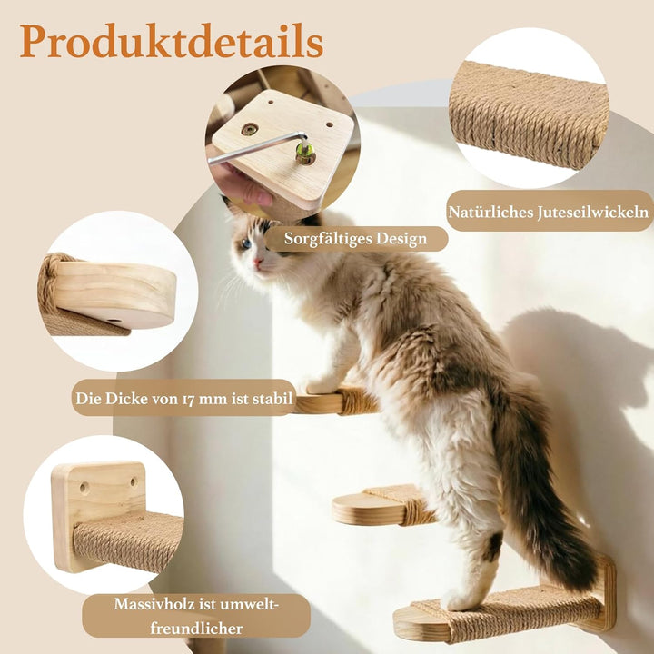 Katzentreppe Wand 2pcs,Kletterwand Katzen, Katzenleiter Katzenbretter mit Juteseil zum Kratzen, Katz