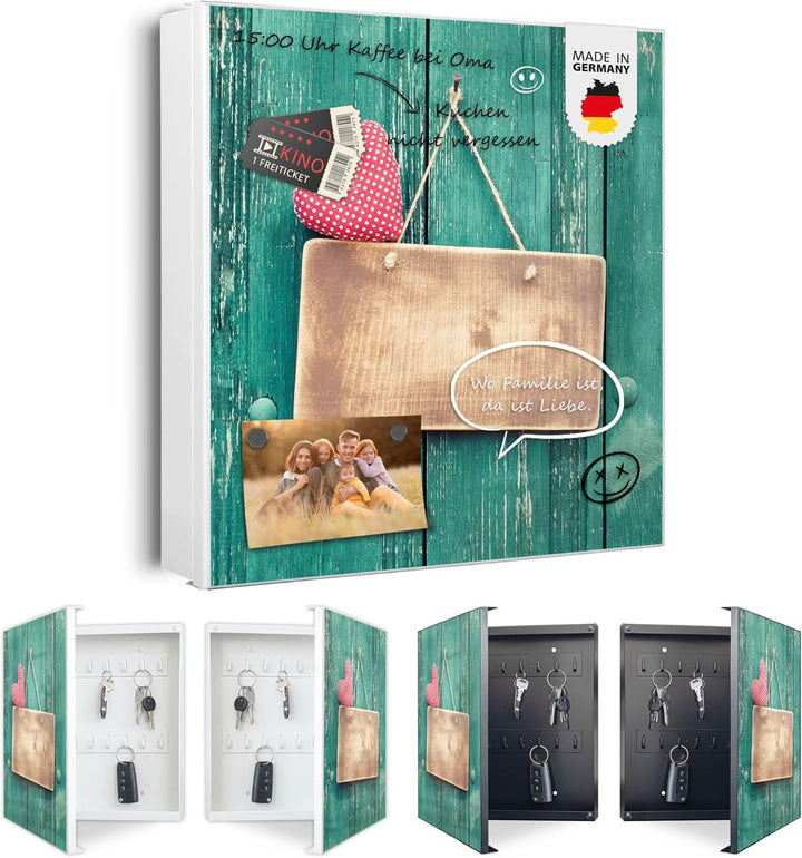 banjado® Grosser Schlüsselkasten Glas/Schlüsselbox 30cm x 30cm mit 50 Haken - Motiv Tür mit Herz/Sch