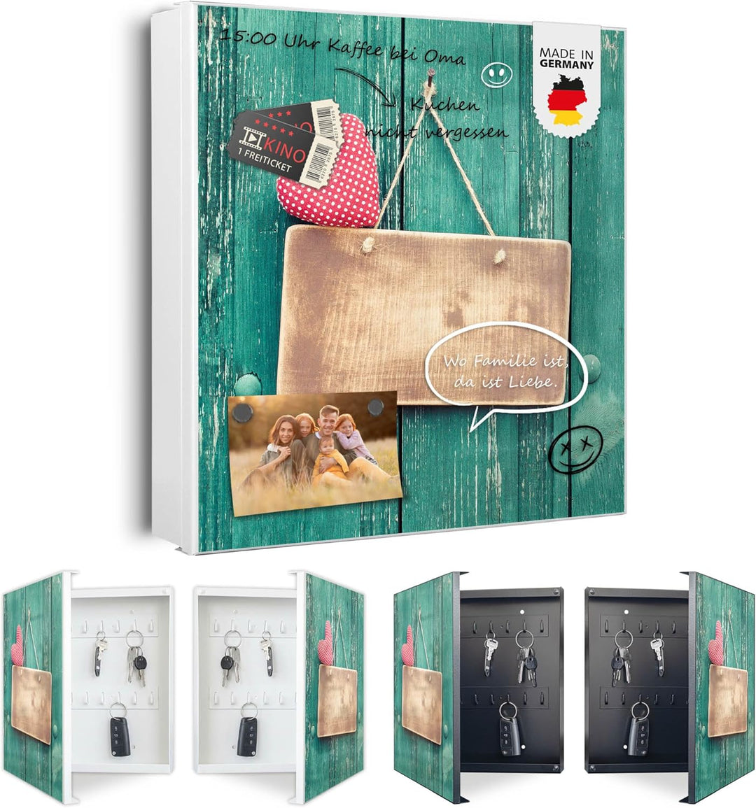 banjado® Grosser Schlüsselkasten Glas/Schlüsselbox 30cm x 30cm mit 50 Haken - Motiv Tür mit Herz/Sch