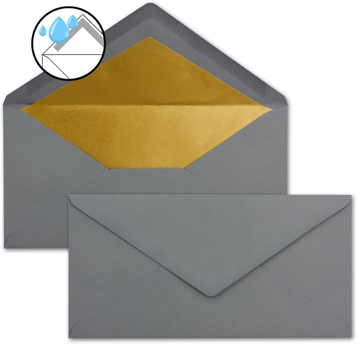 100 Brief-Umschläge DIN Lang - Graphit/Dunkel-Grau mit Gold-Metallic Innen-Futter - 110 x 220 mm - N