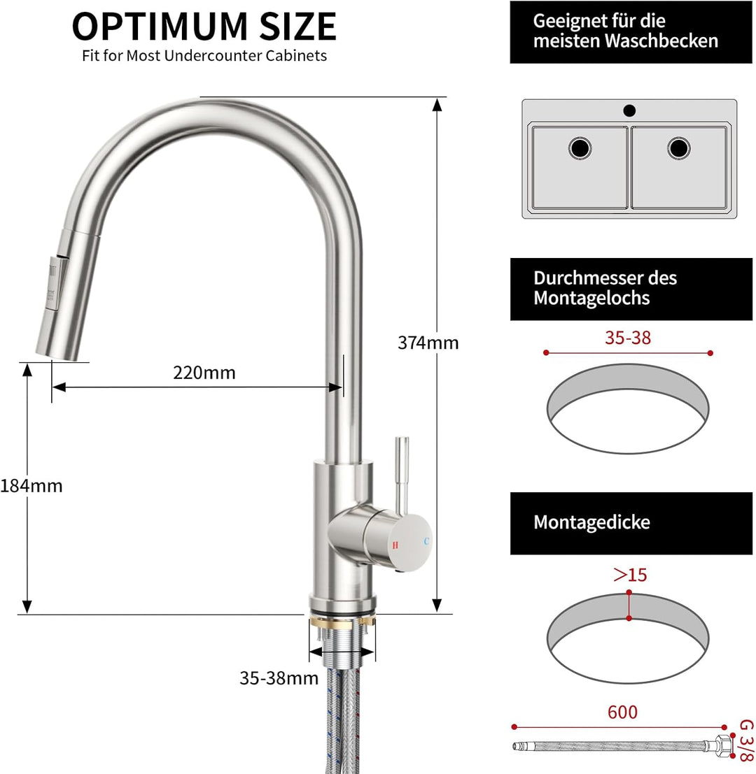 Rainsworth Wasserhahn Küche mit Brause Ausziehbar - Hochdruck Küchenarmatur mit Zwei Wasserstrahlart