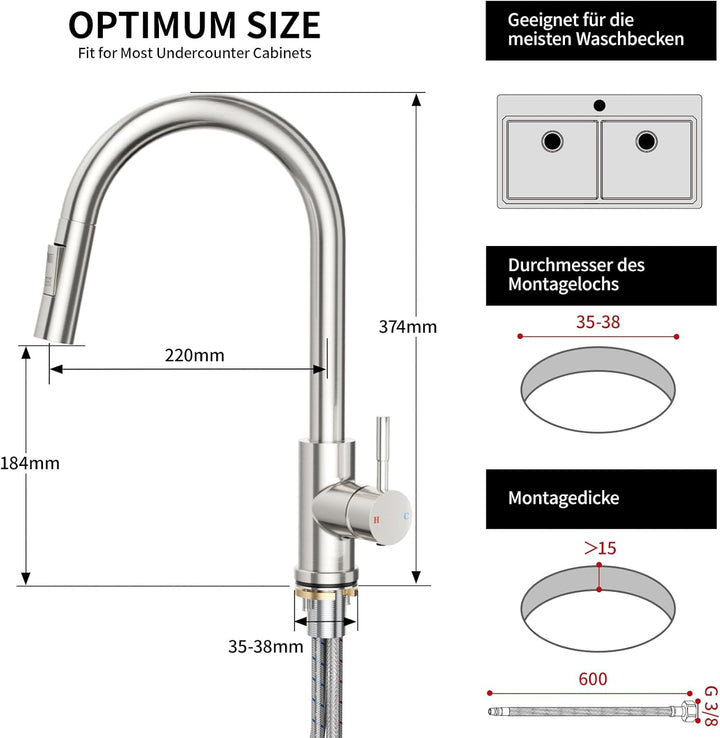 Rainsworth Wasserhahn Küche mit Brause Ausziehbar - Hochdruck Küchenarmatur mit Zwei Wasserstrahlart