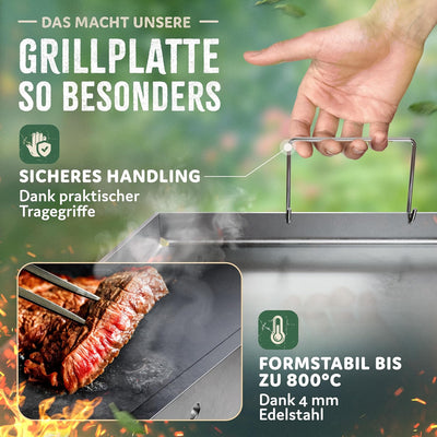 BoomDing Die massive Grillplatte aus 4mm Edelstahl mit Tragebügeln - 40x30 cm Plancha in Universalgr