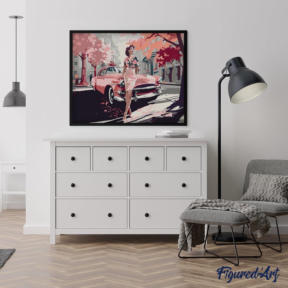 Figured'Art Malen Nach Zahlen Erwachsene Dame mit Rosa Oldtimer - Paint by Numbers Basteln DIY Baste