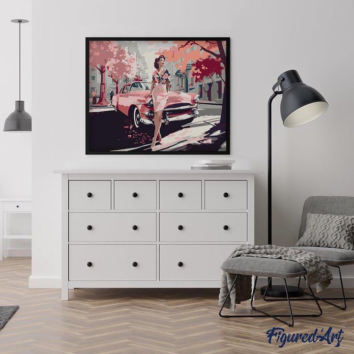 Figured'Art Malen Nach Zahlen Erwachsene Dame mit Rosa Oldtimer - Paint by Numbers Basteln DIY Baste