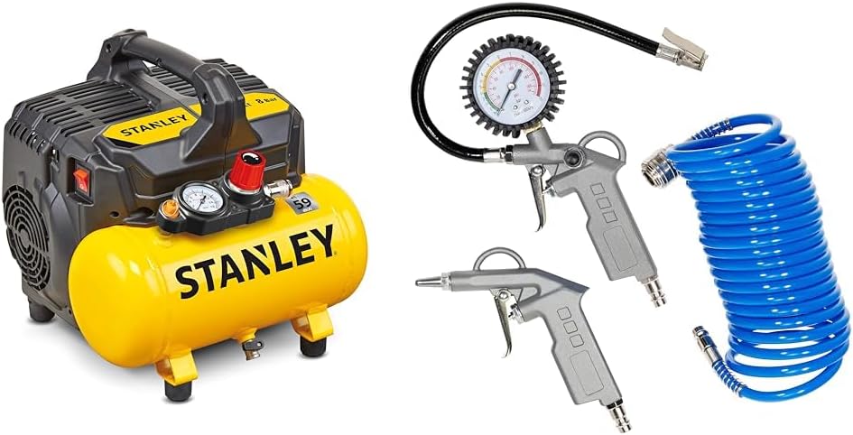 Stanley 100/8/6 Silent Air Compressor DST 100/8/6SI, 750 W, 230 V, Giallo & Güde Druckluft-Set 3tlg.