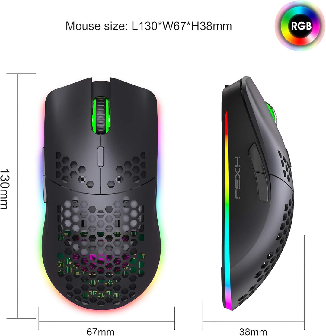 Drahtlose Gaming Maus, 2,4G Superleichte Wabenschale Ergonomische RGB-Mäuse mit 750mAh Akku, Energie