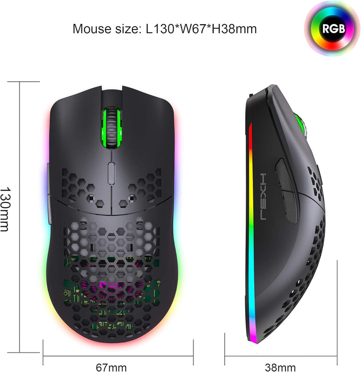 Drahtlose Gaming Maus, 2,4G Superleichte Wabenschale Ergonomische RGB-Mäuse mit 750mAh Akku, Energie