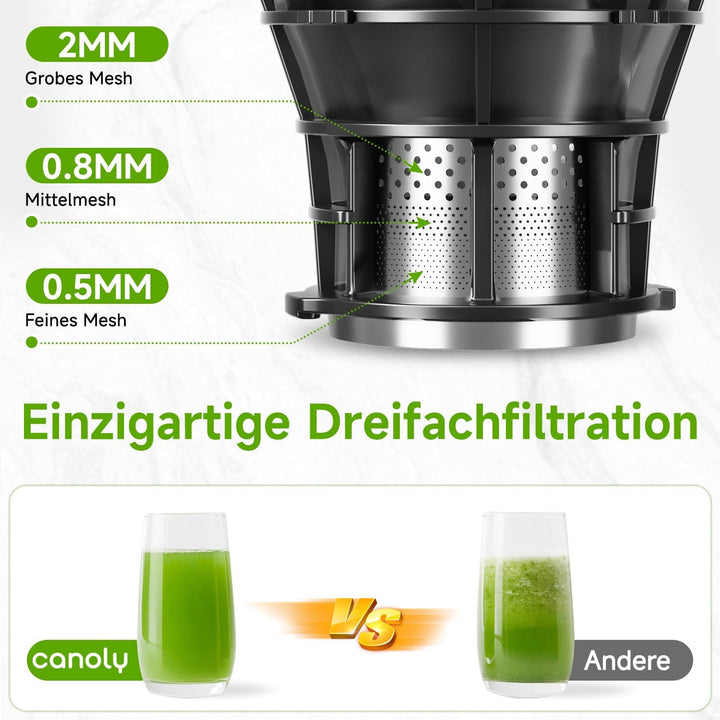 Canoly Entsafter, 400W Slow Juicer, Saftpresse mit 140mm Grosser Fütterungsrutsche für Ganze Gemüse