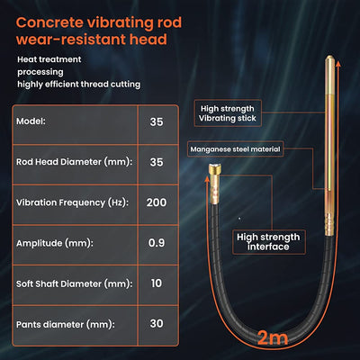 Anbull Betonrüttler, 1300W Innenrüttler Flaschenrüttler, Länge 2m Betonverdichter, Beton Rüttelflasc