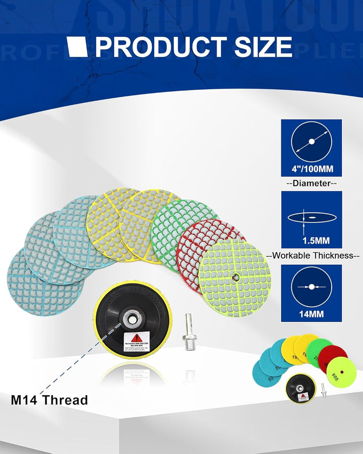 SHDIATOOL Diamant Schleifpads Set 10 Stücke - 8 Stücke 100mm Trocken Polierscheiben (Körnung 50 x 3/
