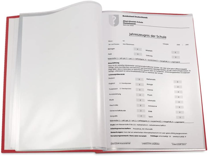 Zeugnismappe im roten Einband in Leinenoptik mit hochwertigem Prägedruck in verschiedenen Farben – h