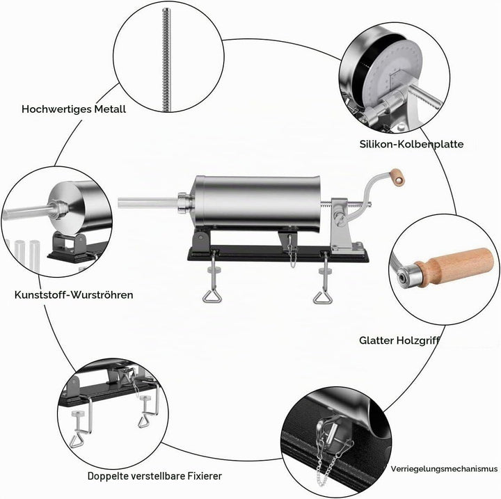 Edelstahl Wurstfüllmaschine Manuell 3L Wurstfüller Wurstspritze Wurstpresse + 4 Füllrohre für Restau