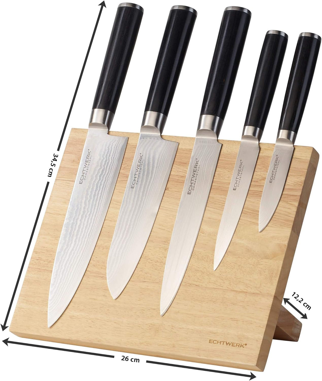 Echtwerk Damastmesser Set 5tlg. inkl. Magnet- Messerblock aus Holz , Silber, 22 x 13 x 36 cm Griff -