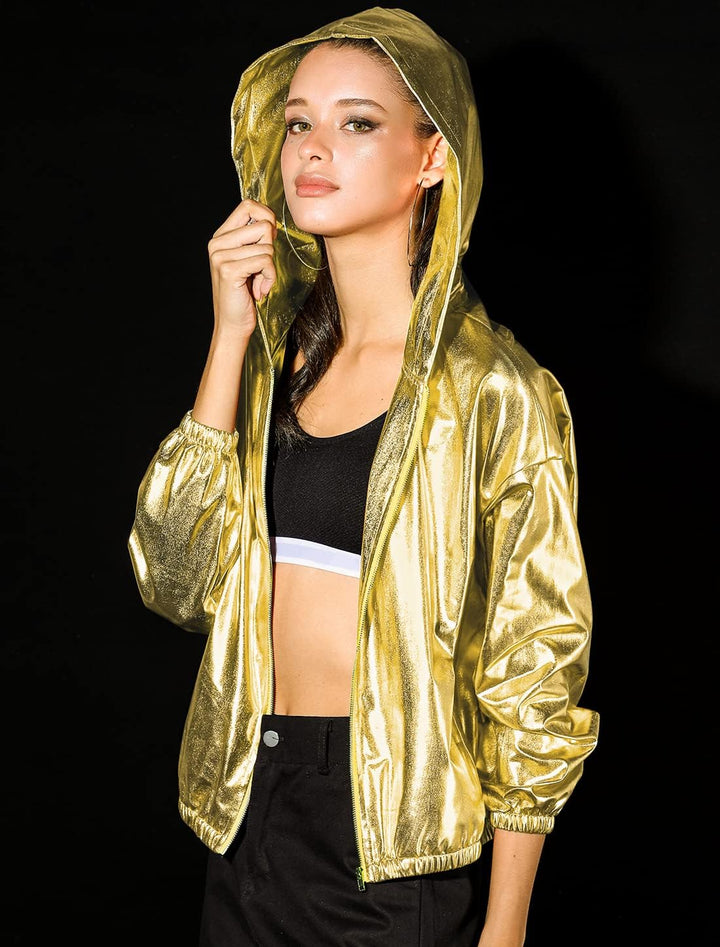 Allegra K Damen Bluson Langarm Metallic Jacke Holographic Party Reissverschluss Kapuzenjacke XL Gold