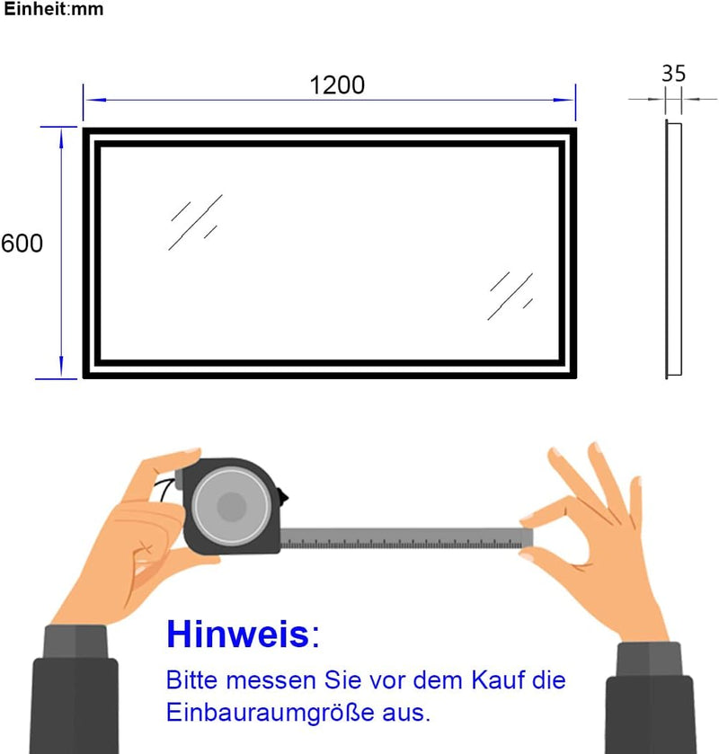 EMKE Badspiegel mit Beleuchtung 120x60cm, Badezimmerspiegel mit Kippschalter+Beschlagfrei+2 Lichtfar