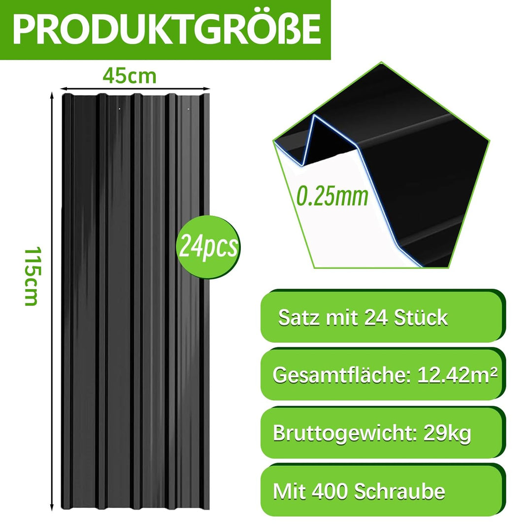 24er Set Profilblech Trapezblech, 115x45cm (12,42m²) Verzinkt Metall Dachplatten Wellblechplatten mi