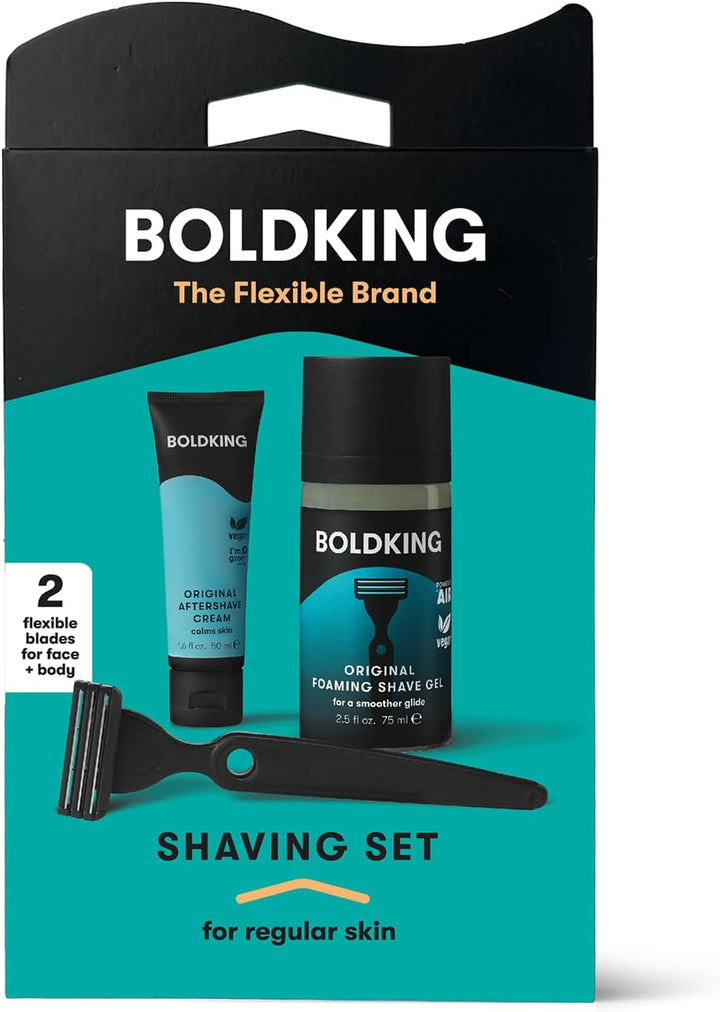 Boldking Bartpflege Set für Männer Regular - Rasierset mit Nassrasierer, 2 Stück Rasierklingen, Rasi