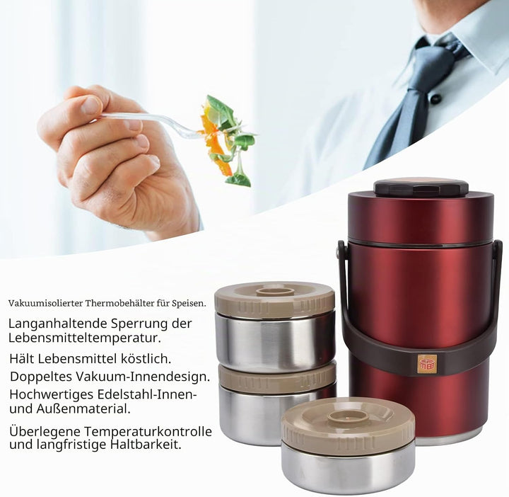 Thermobehälter für Essen, 2,3 L Isolierter Lebensmittelbehälter 304 Edelstahl 3 Lagiger Warmhaltebeh