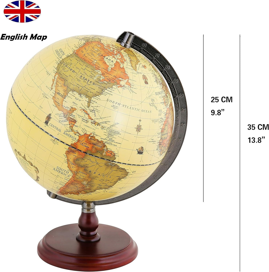 Exerz 25cm Antiker Globus Mit Holzfuss - Englische Karte - Für Kinder Büro Deko - Schülerglobus Mord
