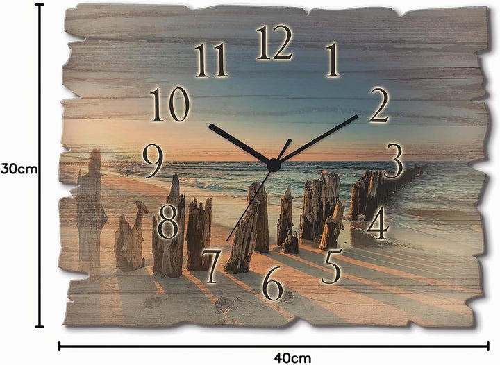 ARTLAND Wanduhr ohne Tickgeräusche aus Holz Funk Uhr lautlos 40x30 cm Rechteckig Strand Meer Ostsee