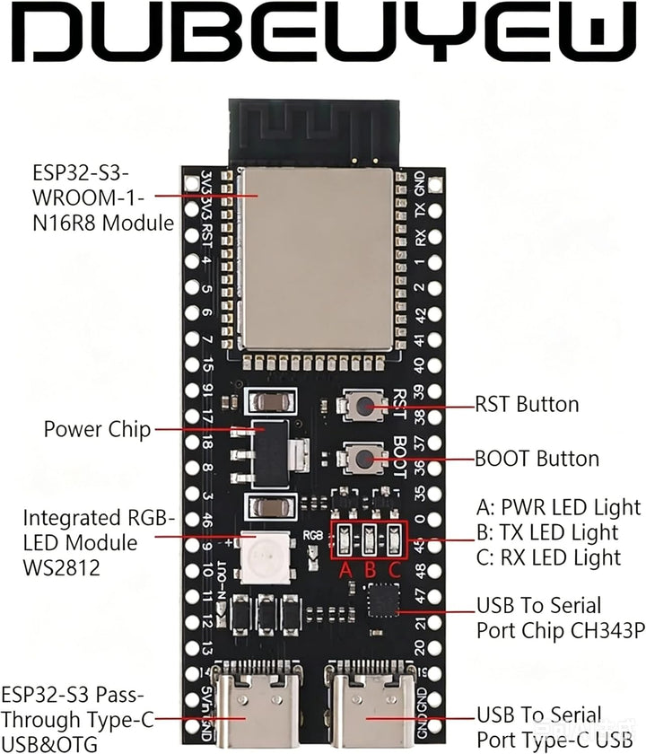 DUBEUYEW 3PCS ESP32-S3 ESP32-S3-DevKitC-1 N16R8 WiFi-Modul + 5.0 Bluetooth Internet Development Boar