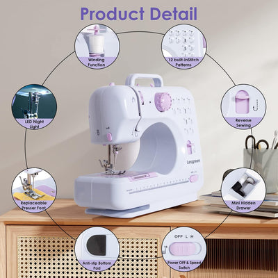 Nähmaschine für Anfänger und Kinder, 12 Stichmuster, Nähmaschine Klein mit Fusspedal Nählicht Elekt,