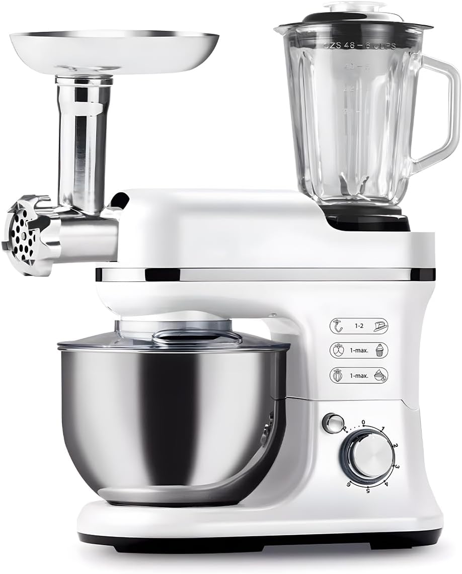 Avilia Planetarische Küchenmaschine mit Fleischwolf und Mixer aus Edelstahl 6,5 l 1900 W – 360° Rühr