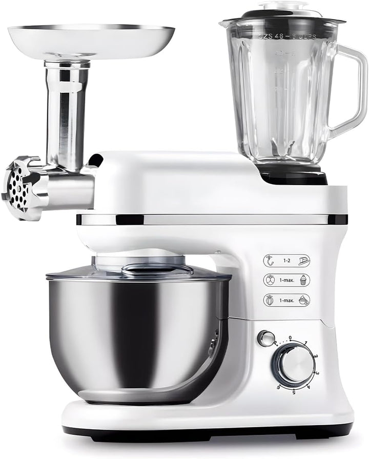 Avilia Planetarische Küchenmaschine mit Fleischwolf und Mixer aus Edelstahl 6,5 l 1900 W – 360° Rühr