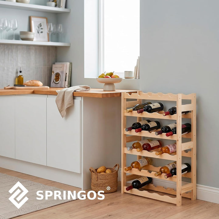 SPRINGOS Weinkühlschrank aus Kiefernholz für 30 Flaschen - Natürlicher Holz-Weinregal mit 6 vorderen