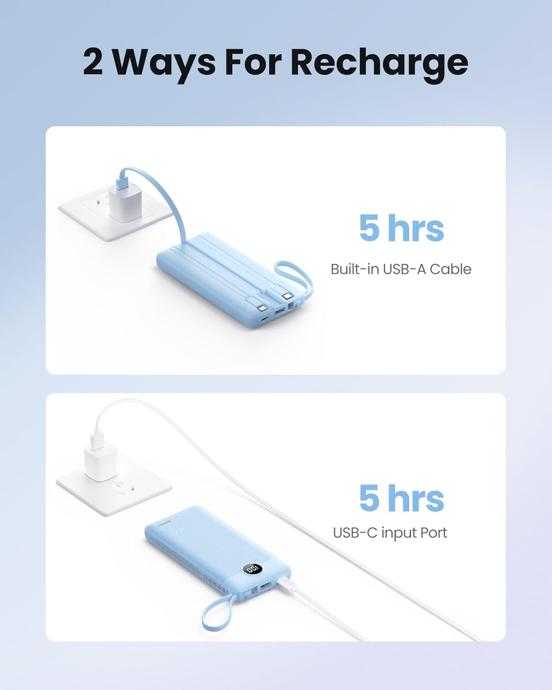 10000mAh Powerbank mit Integriertem Kabel, USB C Tragbares Ladegerät, 5 Ausgänge 2 Eingänge LED Disp