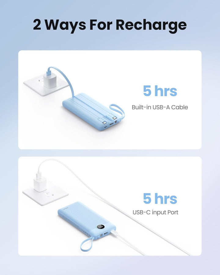 10000mAh Powerbank mit Integriertem Kabel, USB C Tragbares Ladegerät, 5 Ausgänge 2 Eingänge LED Disp