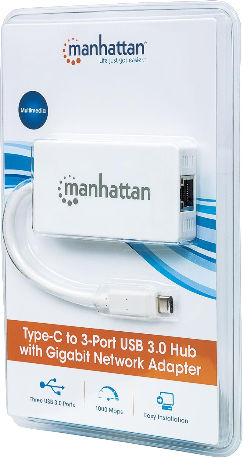 Manhattan 507608 USB Typ C auf 3-Port Hub mit Gigabit-Ethernet-Netzwerkadapter USB-3.1 (G1) weiss US