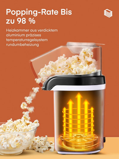 HOUSNAT Popcornmaschine, 1200W Heissluft Popcorn Maker ohne Öl, 2 Minuten Schnell Produktion, für Zu