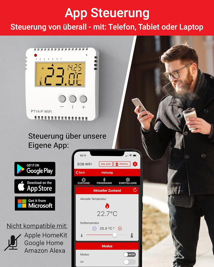 Elektrobock Smart WLAN Thermostat PT14-P-WIFI, Heizungssteuerung per APP, Aufputzmontage, 16 A Weiss