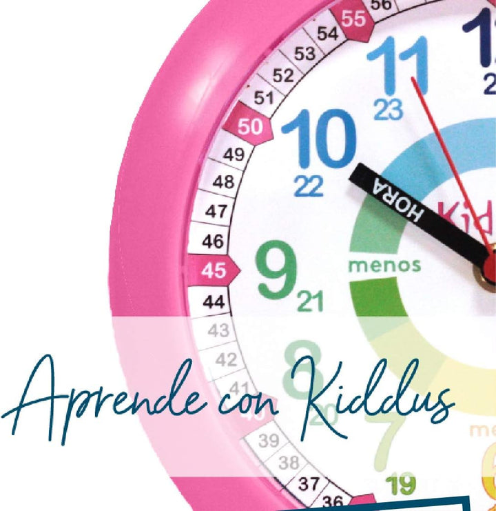 KIDDUS Wanduhr für Kinder. Analoger Zeitlehrer mit Zeitlernübungen. Stilles Uhr. Viele Sprachen. ESP
