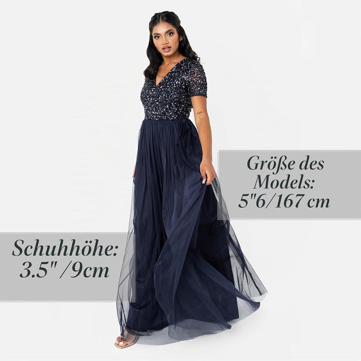 Maya Deluxe Damen Maya Deluxe V Neckline Embellished Maxi Kjole Brautjungfernkleid, Navy, 54 EU