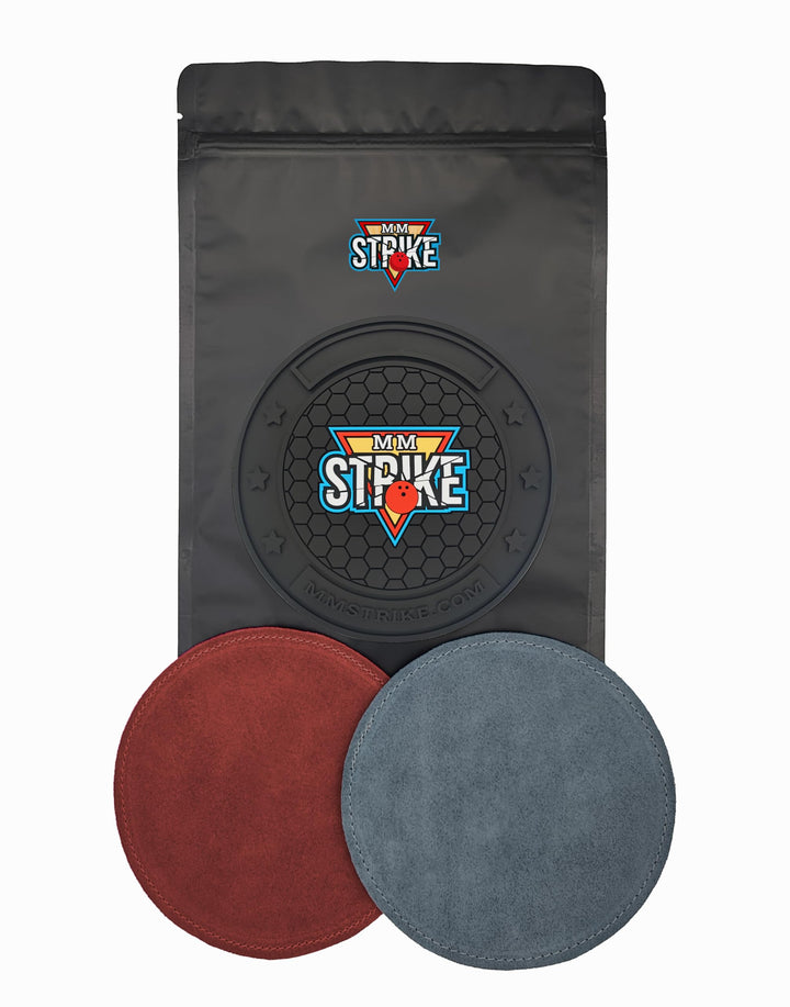 MMSTRIKE 2x Bowling Shammy Leather Pad+Black GripFlex Rubber Base Disc-Hook & Loop System.Oil Remova