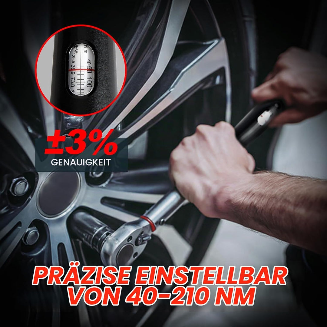Hairich Drehmomentschlüssel Auto 1/2 Zoll, 40–210 Nm, ±3% Genauigkeit, inkl. 3 Stecknüssen (17/19/21