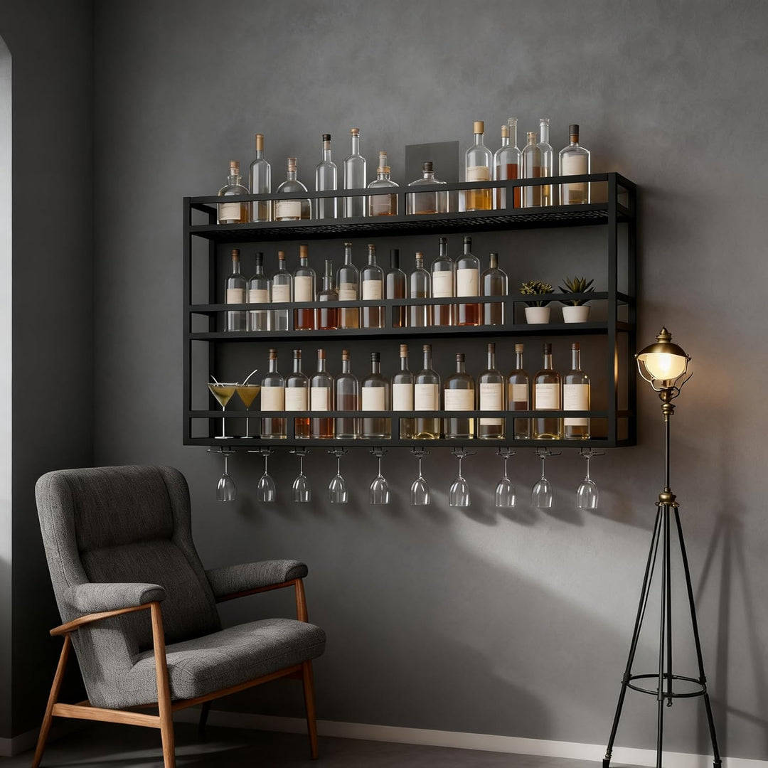 Weinregal zur Wandmontage aus Metall, 3-stufig mit Glashalter, stabiles Wand-Weinregal mit Schutzgel
