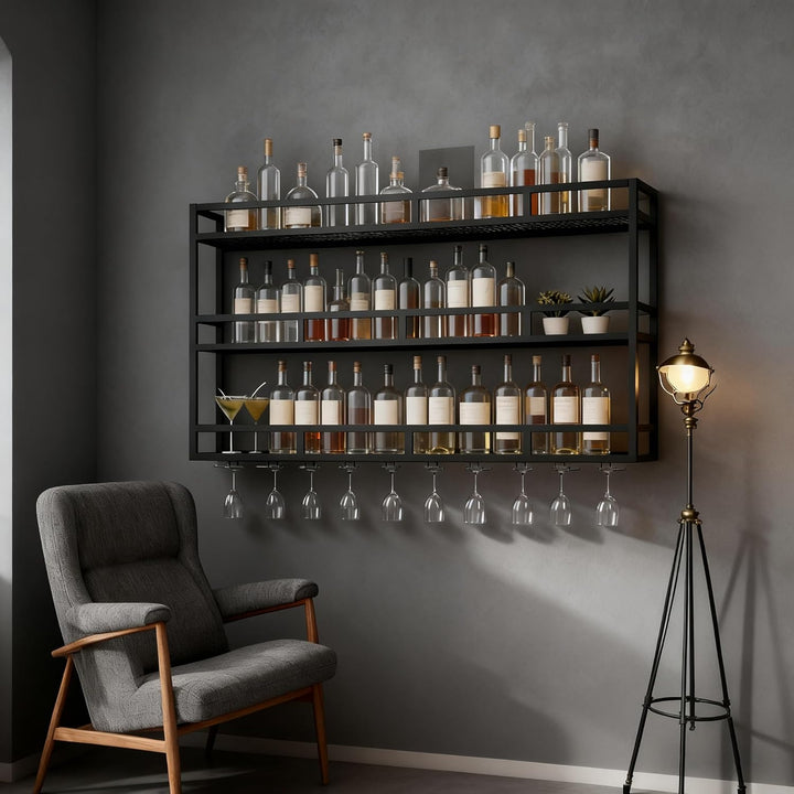 Weinregal zur Wandmontage aus Metall, 3-stufig mit Glashalter, stabiles Wand-Weinregal mit Schutzgel