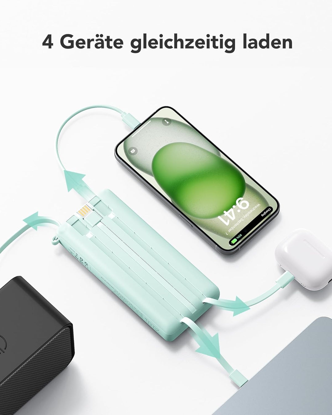 VRURC Powerbank, Power Bank 20000mAh mit Kabel USB C Schnelles Aufladen 22.5W Tragbares Ladegerät Fa