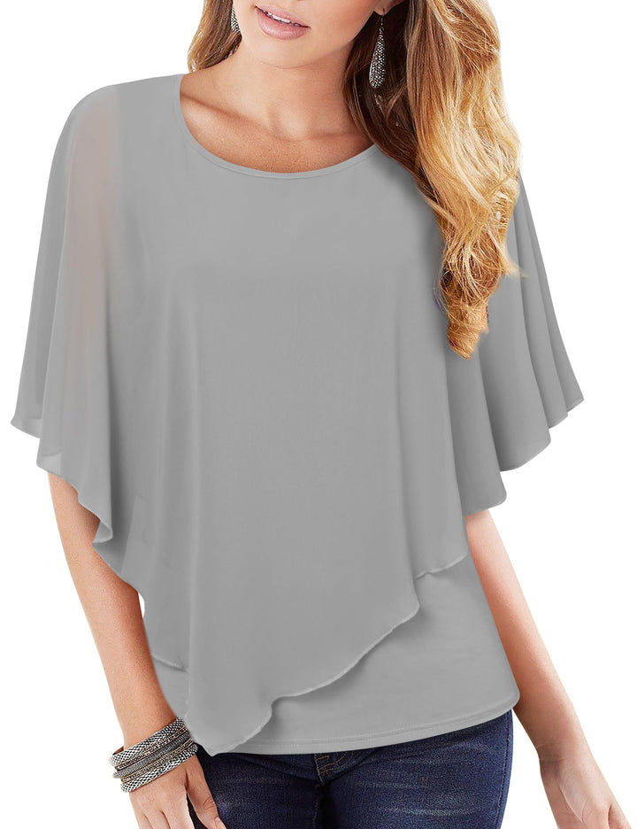 Damen Chiffon Lose Fledermaus Bluse mit Kurzen Flatter ärmel Leichte Fliessende Bluse Rundhalsaussch