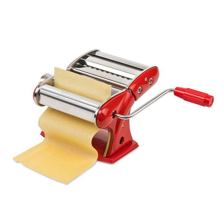 Girmi IM92 Nudelmaschine, Edelstahlgehäuse, 7 Teigstärken, 3 Pastaformen, Aluminiumwalzen, Rot, Rot