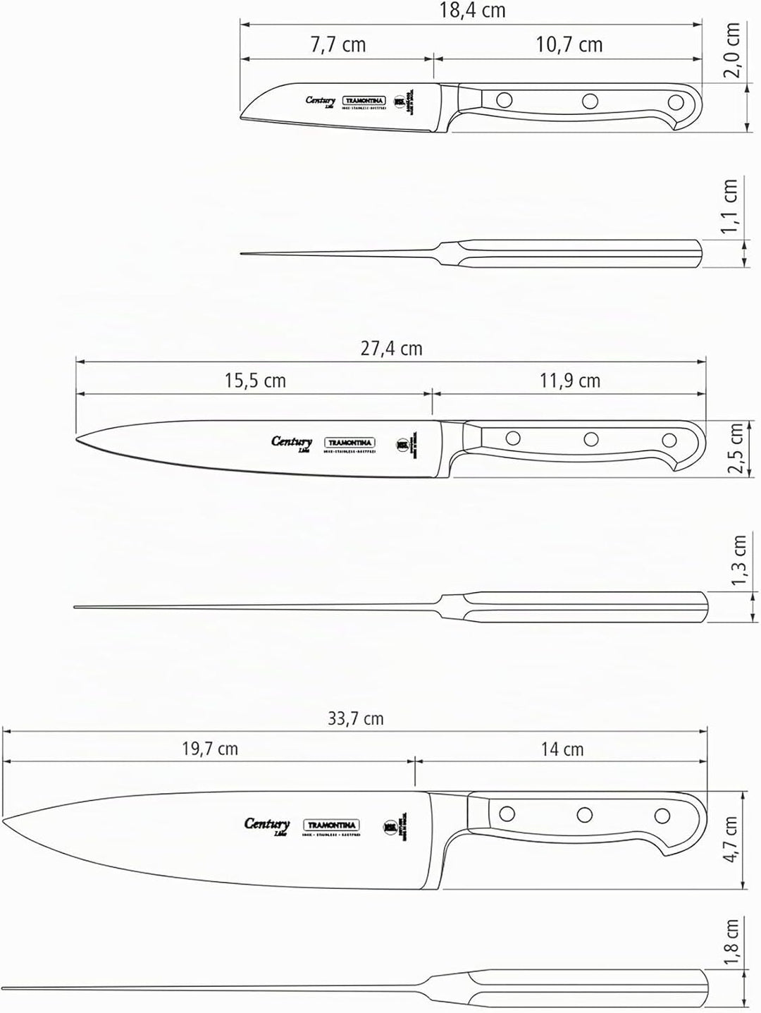 Tramontina Messerset CENTURY, 3-teilig, Edelstahl DIN 1.4110, schwarz, rostfrei, Century